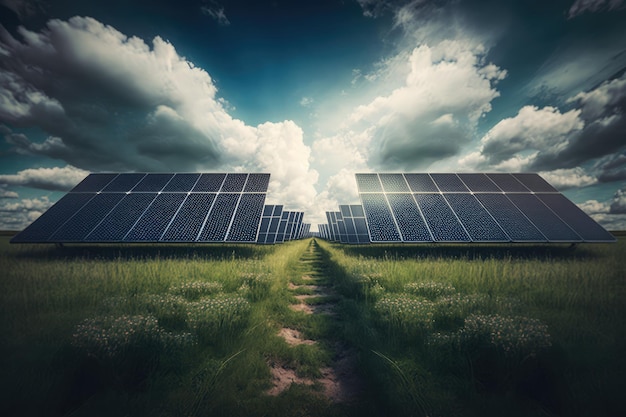 Paneles solares en naturaleza verde en el cielo con fondo de nubes AI generado