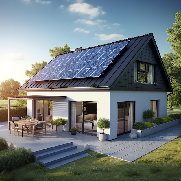 Paneles solares negros en el techo de una moderna casa familiar de Europa occidental