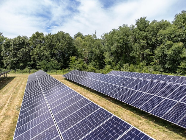 Paneles solares o fotovoltaicos en centrales eléctricas como forma renovable y sostenible de energía o electricidad