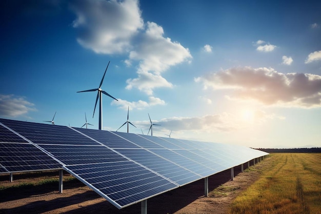 Paneles solares en un parque eólico con el sol detrás de ellos