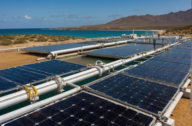 Foto paneles solares y planta de desalinización en la costa