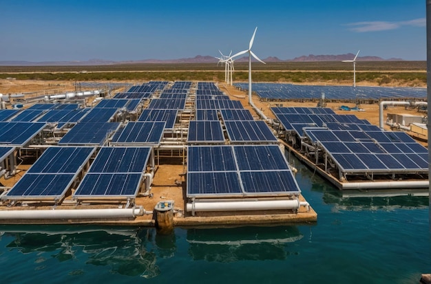 Foto paneles solares y planta de desalinización en la costa