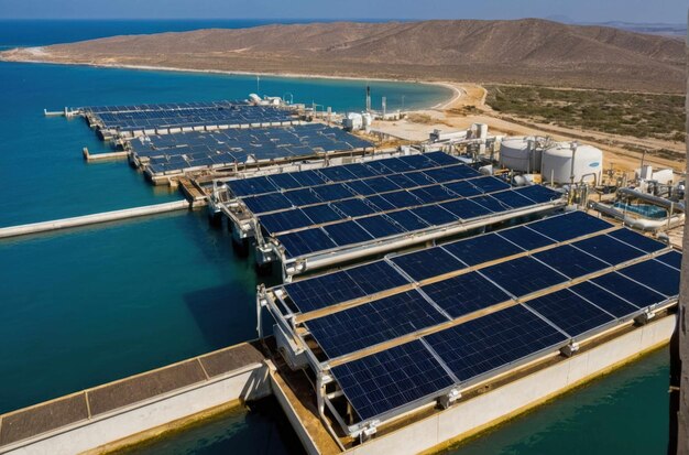 Foto paneles solares y planta de desalinización en la costa