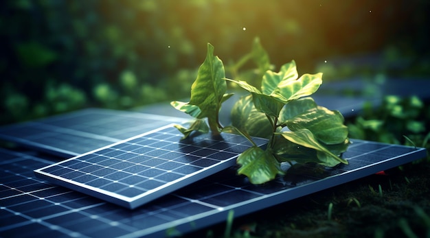 Paneles solares con una planta encima