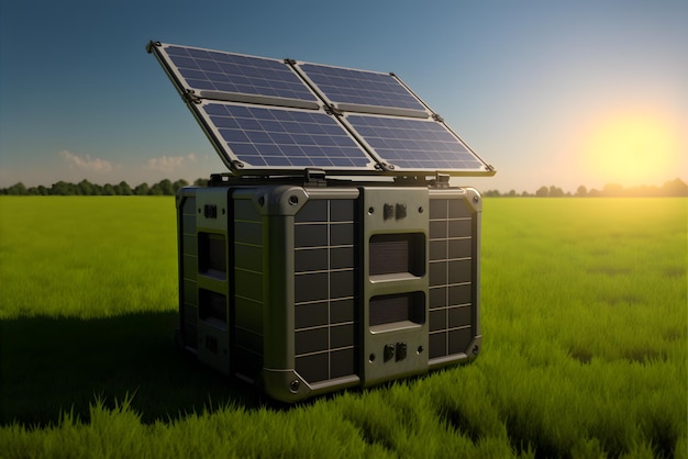 Foto paneles solares portátiles en el campo verde