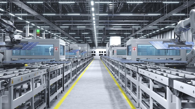 Paneles solares que se mueven en cintas transportadoras durante el proceso de producción renderización 3D