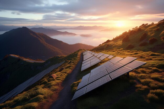 Paneles solares en los rayos del amanecer.