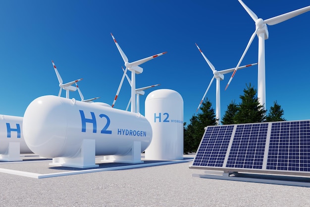 Paneles solares de tanques de hidrógeno H2 y turbinas eólicas renderización 3D
