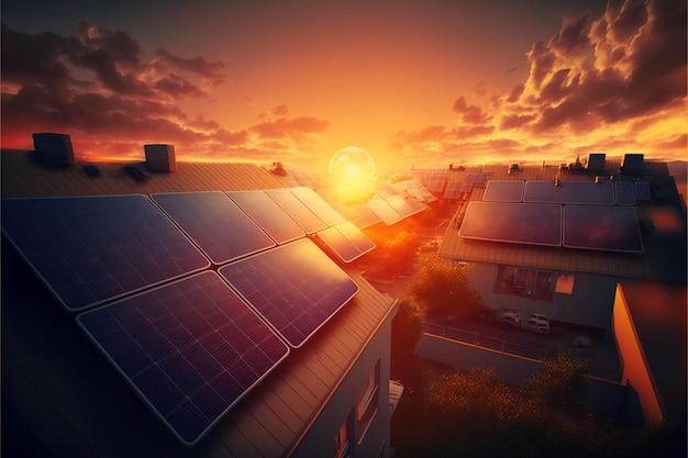 Paneles solares en el techo al atardecer