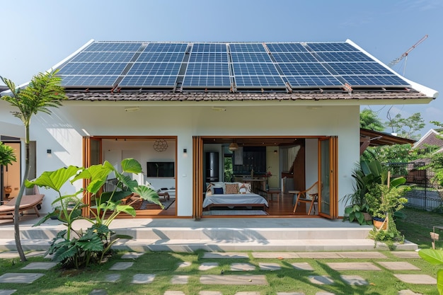 Paneles solares en el techo de una casa blanca asiática en el patio al estilo de una casa asiática energética dramática