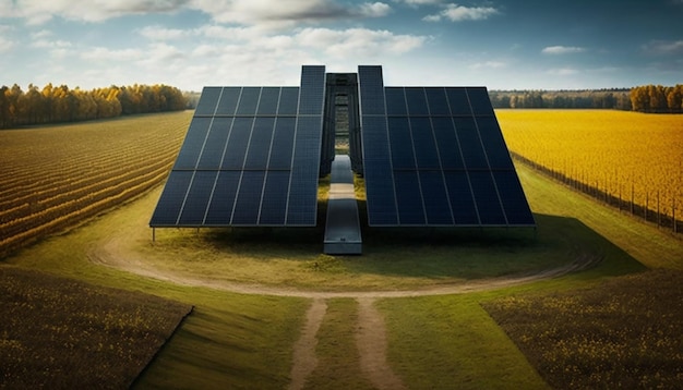 Paneles solares en el techo de la casa y campo IA generativa