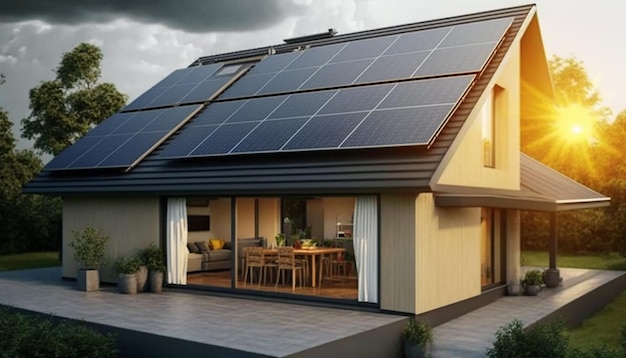 Foto paneles solares en el techo de la casa y campo ia generativa