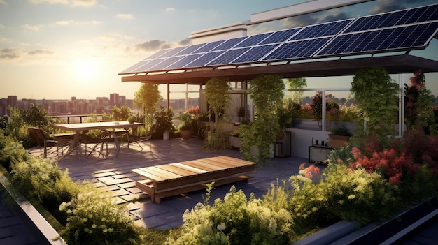 paneles solares en el techo de una casa con vistas a la ciudad