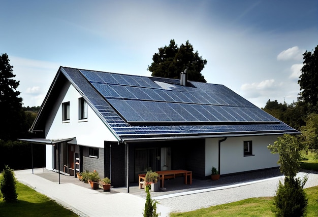 Paneles solares en un techo a dos aguas Hermosa casa grande y moderna y energía solar Generada por IA