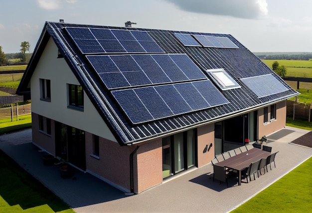 Paneles solares en un techo a dos aguas Hermosa casa grande y moderna y energía solar Rayos del sol