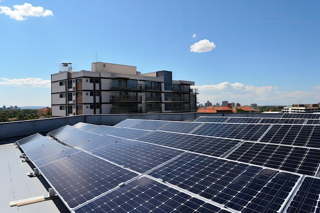 Paneles solares en el techo de un edificio con el cielo azul de fondo creado con ai generativo