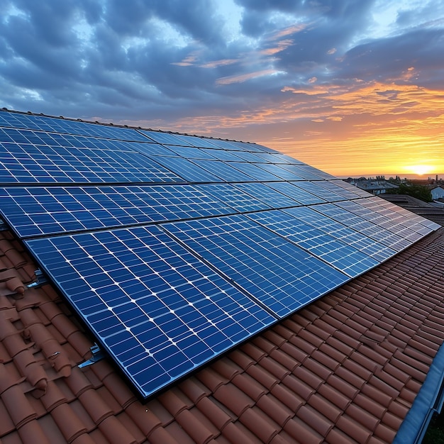 Paneles solares en el techo con la puesta de sol en el fondo