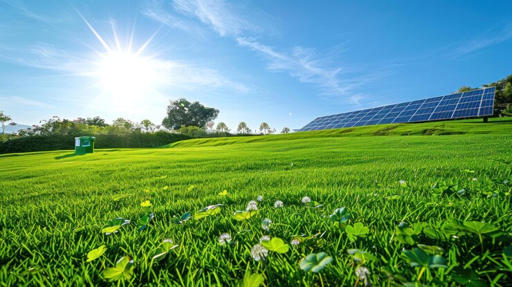 Paneles solares tomando el sol en un exuberante prado verde bajo un cielo azul claro
