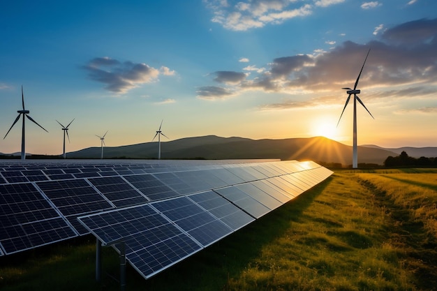 Paneles solares y turbina contra un cielo azul claro en un entorno ecológico Generativo Ai