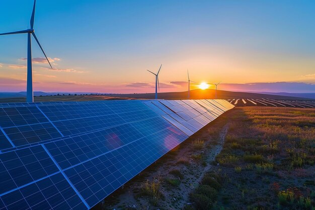 Paneles solares y turbinas eólicas al atardecer en el paisaje rural