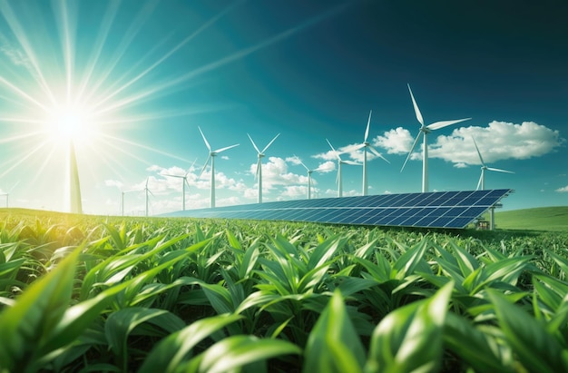 Paneles solares y turbinas eólicas en el campo verde energía verde fuentes de energía renovables