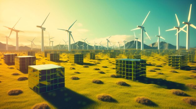 Paneles solares y turbinas eólicas en un campo verde