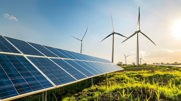 Paneles solares y turbinas eólicas en un campo