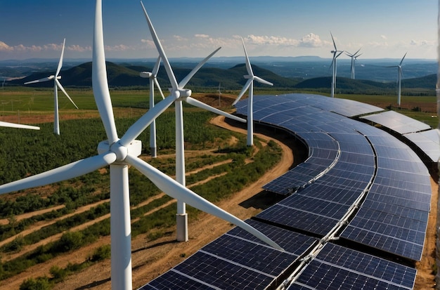 Paneles solares y turbinas eólicas en el campo