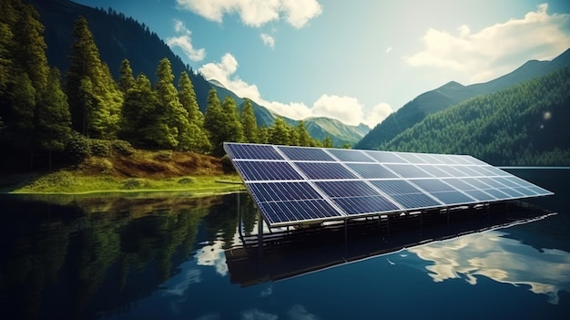 Paneles solares ubicados en el lago rodeado de bosques y montañas