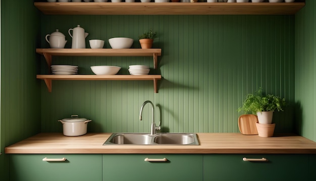 Paneles verdes en la pared con estantería de madera en la cocina