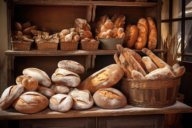 Panes artesanales dispuestos en una exhibición de panadería