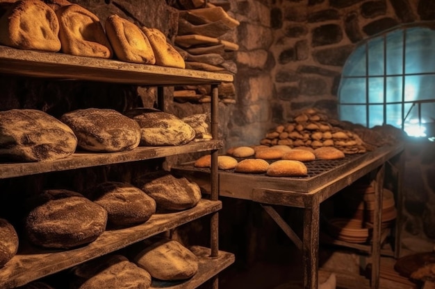 Panes artesanales enfriándose en una rejilla cerca de un horno de barro creado con IA generativa