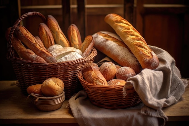 Panes y baguettes franceses rústicos en una cesta creada con ai generativo