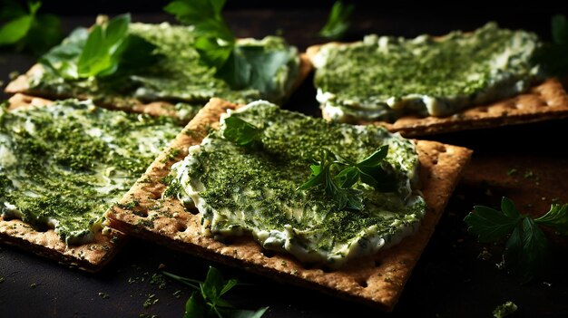 Panes crujientes realistas con crema de cilantro