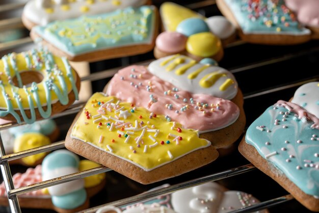 Los panes de jengibre en forma de donuts helados y pasteles se secan al horno Macro