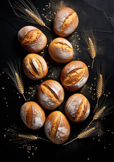 Panes de pan y panecillos dorados en fondo de pizarra negra Panadería IA generativa