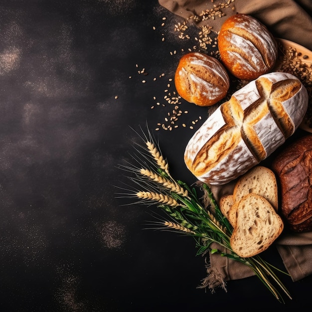 Panes de pan y panecillos dorados en fondo de pizarra negra Panadería IA generativa