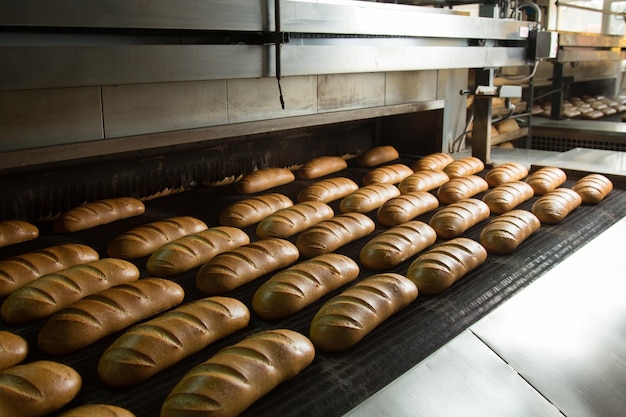 Panes de pan recién horneados calientes en la línea de producción