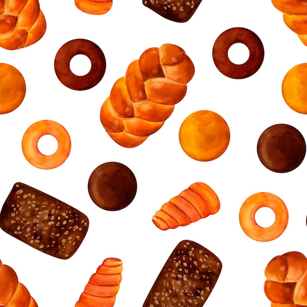 Panes panes baguettes panes croissants pretzels centeno y trigo acuarela patrón sin costuras para impresiones en platos de textil y papel y platos para cocina menús de restaurantes libros de recetas