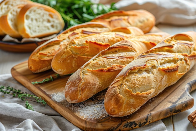 Panes picados de pan de baguette francés recién horneado en una mesa de madera