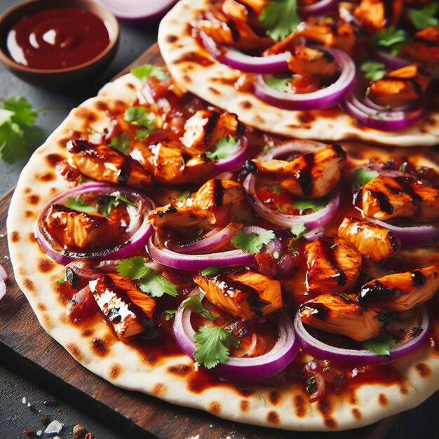 Panes planos de pollo a la parrilla con cebolla roja y cilantro