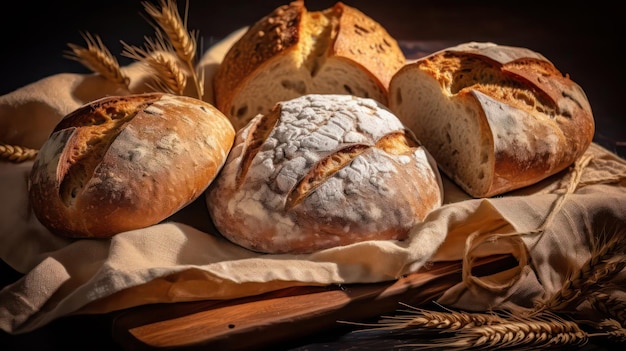 Panes y trigo en una bandeja de madera