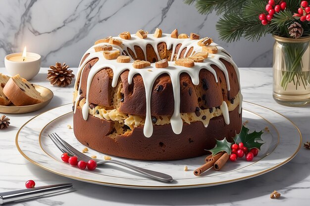 Panettone de bolo de Natal em fundo de mármore