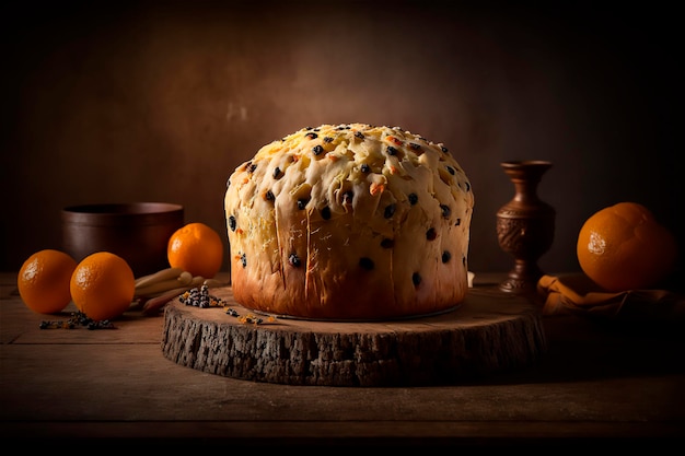 Panettone italiano casero en mesa de madera rústica Pastel tradicional de Navidad con frutas confitadas AI generado