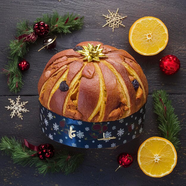 Panettone mit Frucht-Orange-Kandierten Rosinen und Weihnachtsdekoration auf einem hölzernen Hintergrund