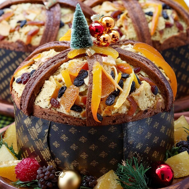 Panettone con pasas confitadas de naranja de frutas y decoración navideña sobre un fondo de madera