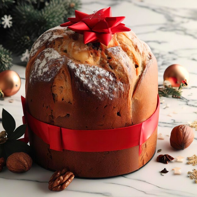 Panettone de pastel de Navidad sobre un fondo de mármol