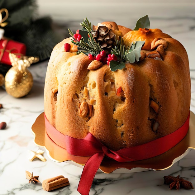 Panettone de pastel de Navidad sobre un fondo de mármol