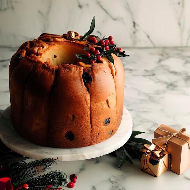 Panettone de pastel de Navidad sobre un fondo de mármol