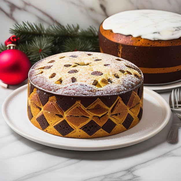 Panettone de pastel de Navidad sobre un fondo de mármol